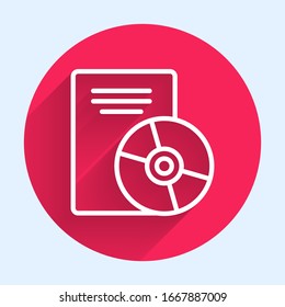 White line CD or DVD disk icon isolated with long shadow. Compact disc sign. Red circle button. Vector Illustration