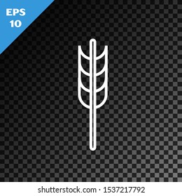 White line Cereals set with rice, wheat, corn, oats, rye, barley icon isolated on transparent dark background. Ears of wheat bread symbols.  Vector Illustration