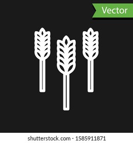 White line Cereals set with rice, wheat, corn, oats, rye, barley icon isolated on black background. Ears of wheat bread symbols.  Vector Illustration