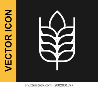 White line Cereals set with rice, wheat, corn, oats, rye, barley icon isolated on black background. Ears of wheat bread symbols.  Vector