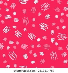 White line Cereals set with rice, wheat, corn, oats, rye, barley icon isolated seamless pattern on red background. Ears of wheat bread symbols.  Vector