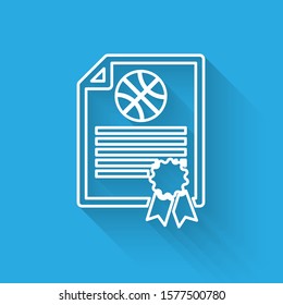 White line Certificate template basketball award icon isolated with long shadow. Achievement, award, degree, grant, diploma concepts.  Vector Illustration