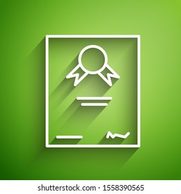 White line Certificate template icon isolated on green background. Achievement, award, degree, grant, diploma. Business success certificate.  Vector Illustration