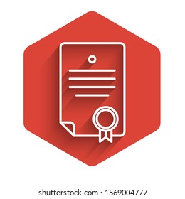 White line Certificate template icon isolated with long shadow. Achievement, award, degree, grant, diploma. Business success certificate. Red hexagon button. Vector Illustration