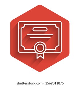 White line Certificate template icon isolated with long shadow. Achievement, award, degree, grant, diploma. Business success certificate. Red hexagon button. Vector Illustration