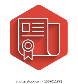 White line Certificate template icon isolated with long shadow. Achievement, award, degree, grant, diploma. Business success certificate. Red hexagon button. Vector Illustration