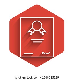 White line Certificate template icon isolated with long shadow. Achievement, award, degree, grant, diploma. Business success certificate. Red hexagon button. Vector Illustration