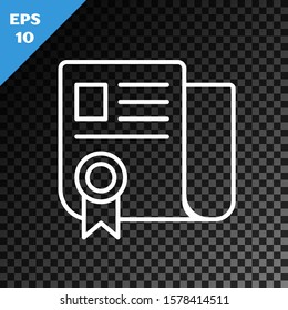White line Certificate template icon isolated on transparent dark background. Achievement, award, degree, grant, diploma. Business success certificate.  Vector Illustration