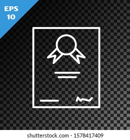 White line Certificate template icon isolated on transparent dark background. Achievement, award, degree, grant, diploma. Business success certificate.  Vector Illustration
