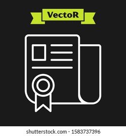 White line Certificate template icon isolated on black background. Achievement, award, degree, grant, diploma. Business success certificate.  Vector Illustration