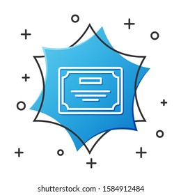 White line Certificate template icon isolated on white background. Achievement, award, degree, grant, diploma. Business success certificate. Blue hexagon button. Vector Illustration