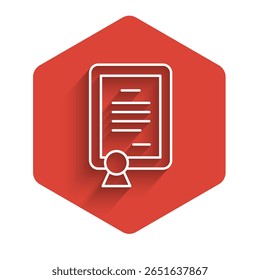 White line Certificate template icon isolated with long shadow. Achievement, award, degree, grant, diploma concepts. Red hexagon button. Vector