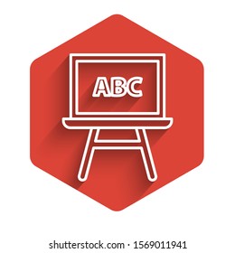 White line Chalkboard icon isolated with long shadow. School Blackboard sign. Red hexagon button. Vector Illustration