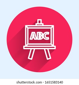 White line Chalkboard icon isolated with long shadow. School Blackboard sign. Red circle button. Vector Illustration