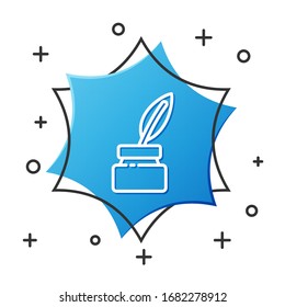 White line Chalkboard icon isolated on white background. School Blackboard sign. Blue hexagon button. Vector Illustration