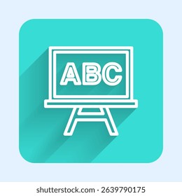 White line Chalkboard icon isolated with long shadow. School Blackboard sign. Green square button. Vector