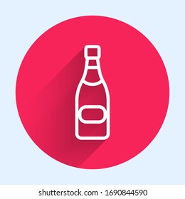 White line Champagne bottle icon isolated with long shadow. Red circle button. Vector Illustration