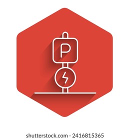 White line Charging parking electric car icon isolated with long shadow background. Red hexagon button. Vector