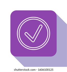 White line Check mark in circle icon isolated on white background. Choice button sign. Checkmark symbol. Purple square button. Vector Illustration