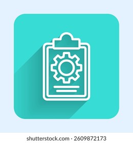White line Checklist clipboard with 24 hours service icon isolated with long shadow. Green square button. Vector Illustration