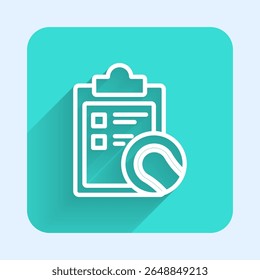 White line Checklist clipboard and tennis ball icon isolated with long shadow. Sport equipment. Green square button. Vector Illustration