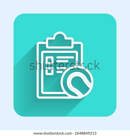 White line Checklist clipboard and tennis ball icon isolated with long shadow. Sport equipment. Green square button. Vector Illustration