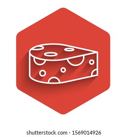 White line Cheese icon isolated with long shadow. Red hexagon button. Vector Illustration
