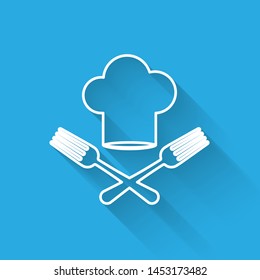 White line Chef hat and crossed fork icon isolated with long shadow. Cooking symbol. Restaurant menu. Cooks hat.  Vector Illustration