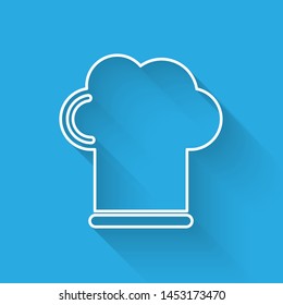 White line Chef hat icon isolated with long shadow. Cooking symbol. Cooks hat.  Vector Illustration