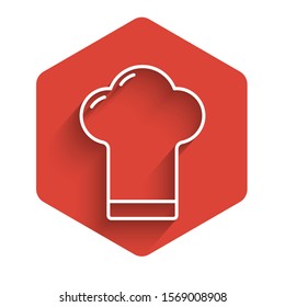 White line Chef hat icon isolated with long shadow. Cooking symbol. Cooks hat. Red hexagon button. Vector Illustration