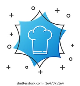 White line Chef hat icon isolated on white background. Cooking symbol. Cooks hat. Blue hexagon button. Vector Illustration