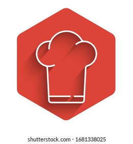 Weißer Küchenchef hat eine Ikone einzeln mit langem Schatten. Kochsymbol. Kocht Hut. Roter Hexagon-Knopf. Vektorillustration-Illustration