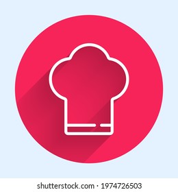 White line Chef hat icon isolated with long shadow. Cooking symbol. Cooks hat. Red circle button. Vector