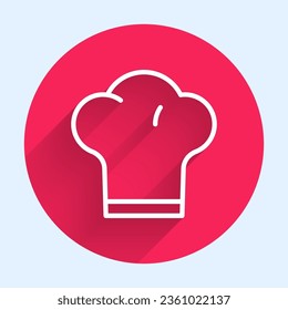 White line Chef hat icon isolated with long shadow. Cooking symbol. Cooks hat. Red circle button. Vector