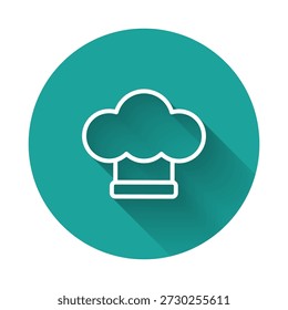 White line Chef hat icon isolated with long shadow background. Cooking symbol. Cooks hat. Green circle button. Vector