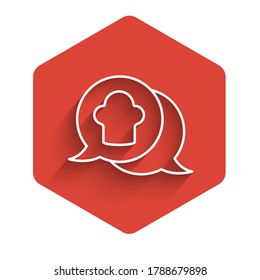 White line Chef hat in speech bubble icon isolated with long shadow. Cooking symbol. Cooks hat. Red hexagon button. Vector