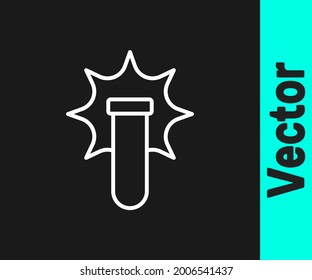 White line Chemical experiment, explosion in the flask icon isolated on black background. Chemical explosion in a test tube.  Vector