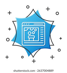 White line Chemical experiment online icon isolated on white background. Scientific experiment in the laboratory with chemical equipment. Blue hexagon button. Vector