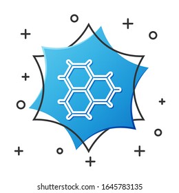 White line Chemical formula consisting of benzene rings icon isolated on white background. Blue hexagon button. Vector Illustration