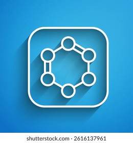 White line Chemical formula consisting of benzene rings icon isolated on blue background. Long shadow. Vector