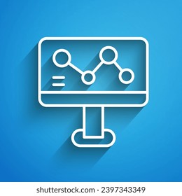 White line Chemical formula on monitor icon isolated on blue background. Abstract hexagon for innovation medicine, health, research and science. Long shadow. Vector