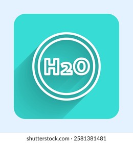 White line Chemical formula for water drops H2O shaped icon isolated with long shadow. Green square button. Vector Illustration