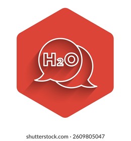 White line Chemical formula for water drops H2O shaped icon isolated with long shadow. Red hexagon button. Vector