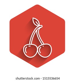 White line Cherry icon isolated with long shadow. Fruit with leaf symbol. Red hexagon button. Vector Illustration