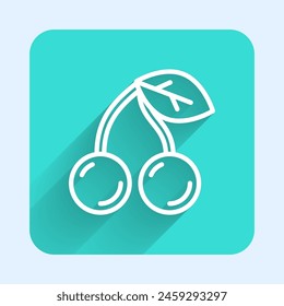 White line Cherry icon isolated with long shadow. Fruit with leaf symbol. Green square button. Vector