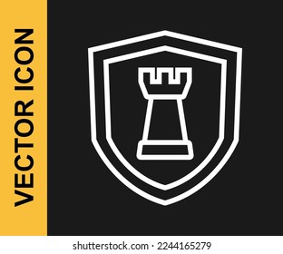 White line Chess shield icon isolated on black background. Business strategy. Game, management, finance.  Vector