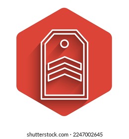 Icono de la línea blanca Chevron aislado con una sombra larga. Señal de insignia militar. Botón hexágono rojo. Ilustración vectorial