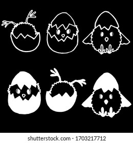 White line chick sticker set on black backdrop. Easter mascot for invitation or gift card, poult farm logo, bath tile, scrapbook. Phone case or cloth print art. Cartoon style stock vector illustration