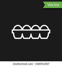 White line Chicken egg in box icon isolated on black background.  Vector Illustration