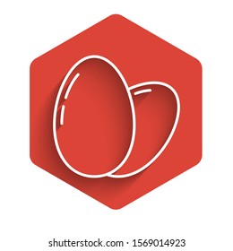 White line Chicken egg icon isolated with long shadow. Red hexagon button. Vector Illustration